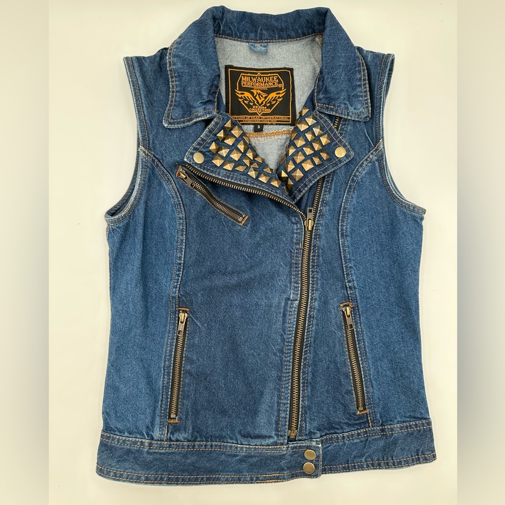 Milwaukee Performance Motorcycle Denim Studded Vest with Zipper Front